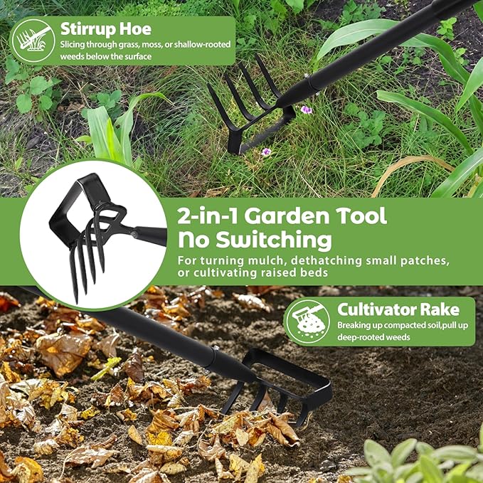 Lilyvane Garden Hoe, 2 in 1 Heavy Duty Stirrup Hoe and Cultivator for Weeding, Sharp Blade, 76 inch Long Handle, Lightweight Stand Push-Pull Hoes Weeding Rake for Grass Removal, Aerating, Cultivating
