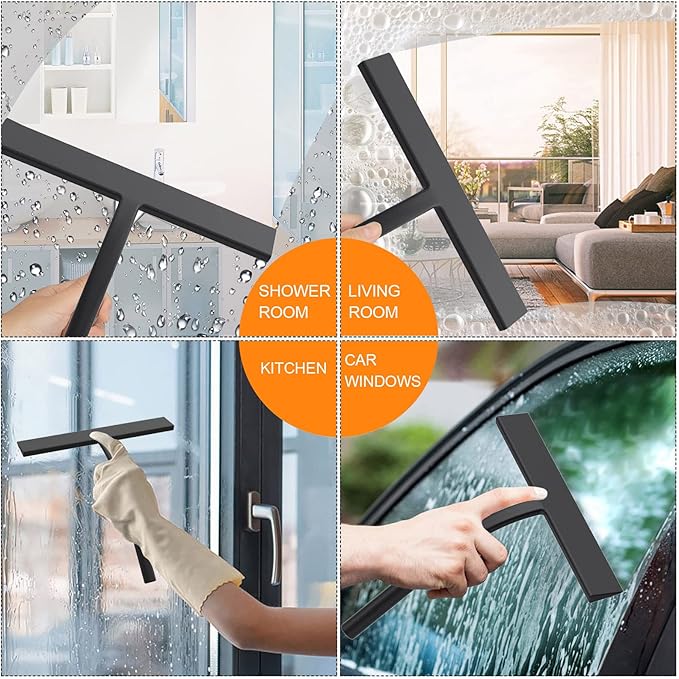 All -Purpose Silicone Shower Squeegee for Shower Glass Door with Hook, Bathroom Accessories for Window Mirror Tile Car Shower Walls,Household Shower Cleaner Tool (Black, 11inch)
