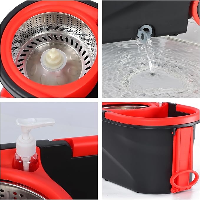 Mop and Bucket Set, Spin Mop and Bucket with Wringer, Mops for Floor Cleaning System, Stainless Steel 360 Floor Mop Bucket on Wheels, 3 Microfiber Mop Replacement Heads