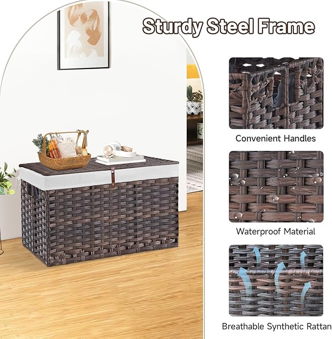 180L Wicker Storage Basket with Lid, Handwoven Rattan Large Shelf Basket with Removable Liner, 47.6 Gallon Wicker Basket for Blanket, Storage Trunk with Handle for Closet, Bedroom, Livingroom, Brown