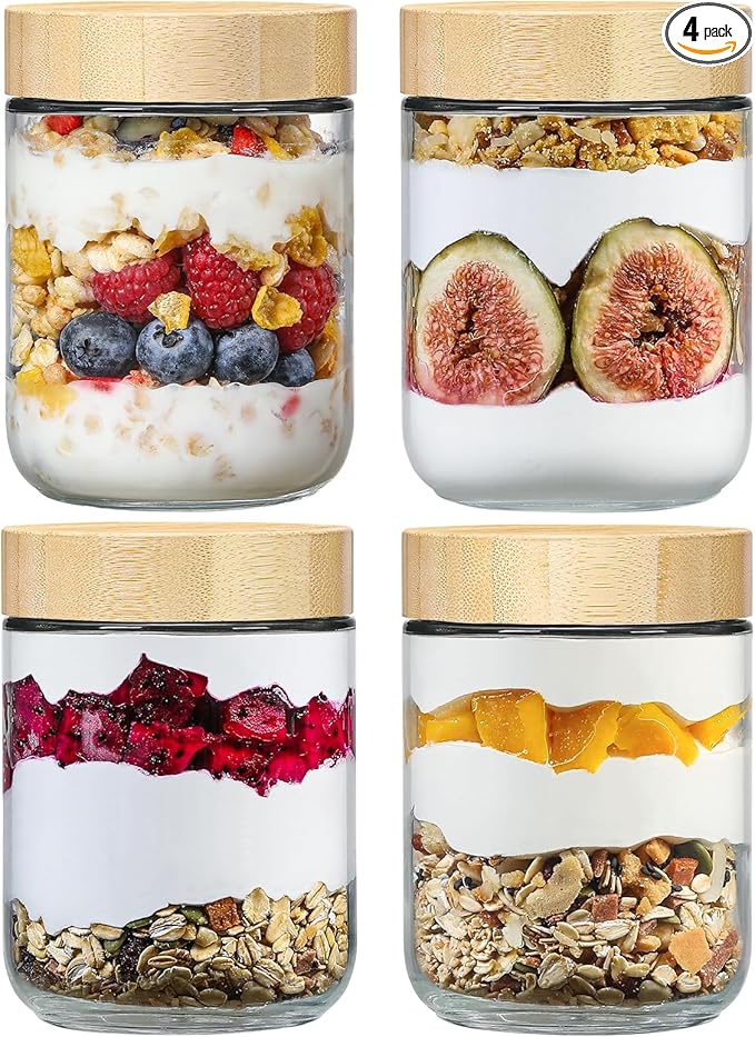 NETANY 4-pack 16oz Glass jars with Airtight Lids, Overnight Oats Containers with Bamboo Lids, Wide mouth Mason Salad jars, Glass Food Storage Containers for Snacks Yogurt Spice Sugar