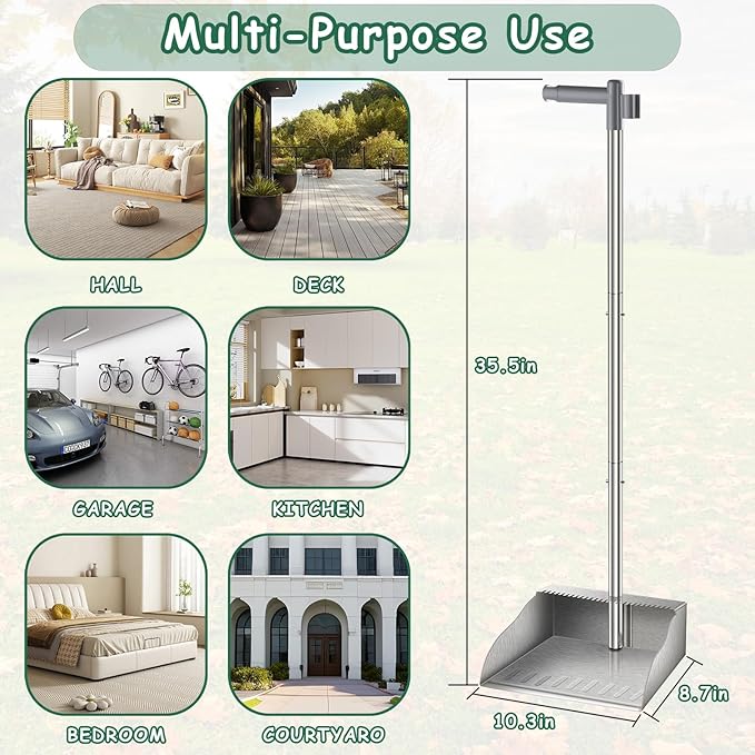 Dust Pans with Long Handle,Heavy Duty Metal Dust Pan with Handle,Upright Stand Up Dustpan with Dust Pan Teeth to Clean Hair for Home Kitchen Office Lobby Floor Garden