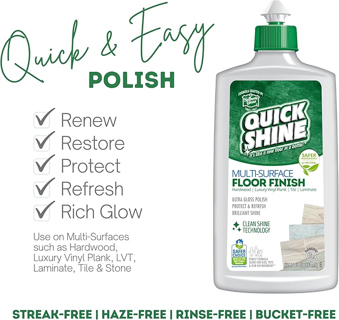 Quick Shine Multi Surface Floor Clean + Polish Mop Kit w/ 3 Reusable Pads & 1-16 oz. Floor Finish | Use Wet + Dry | Hardwood, Luxury Vinyl Plank, Laminate | Safer Choice pH Neutral Formula