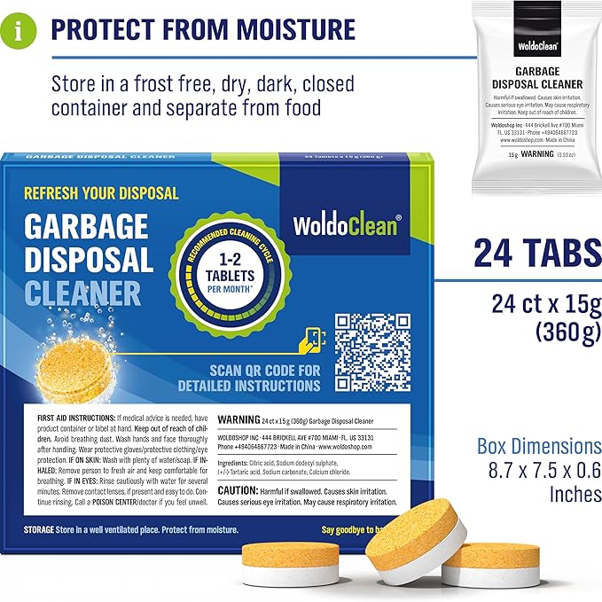 WoldoClean Garbage Disposal Cleaner and Deodorizer Tablets - 24 Pack, Foaming Sink Drain Cleaner & Odor Eliminator, Fresh Citrus Scent, 1 Year Kitchen Cleaning Supply