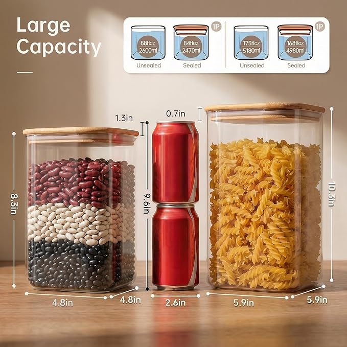 Extra Large Square Glass Flour & Sugar Storage Containers with Airtight Lids, 168oz & 84oz - 2 Pack Glass Jars with Bamboo Lids, Air tight Pantry Food Storage Containers for Cereal, Pasta, Rice