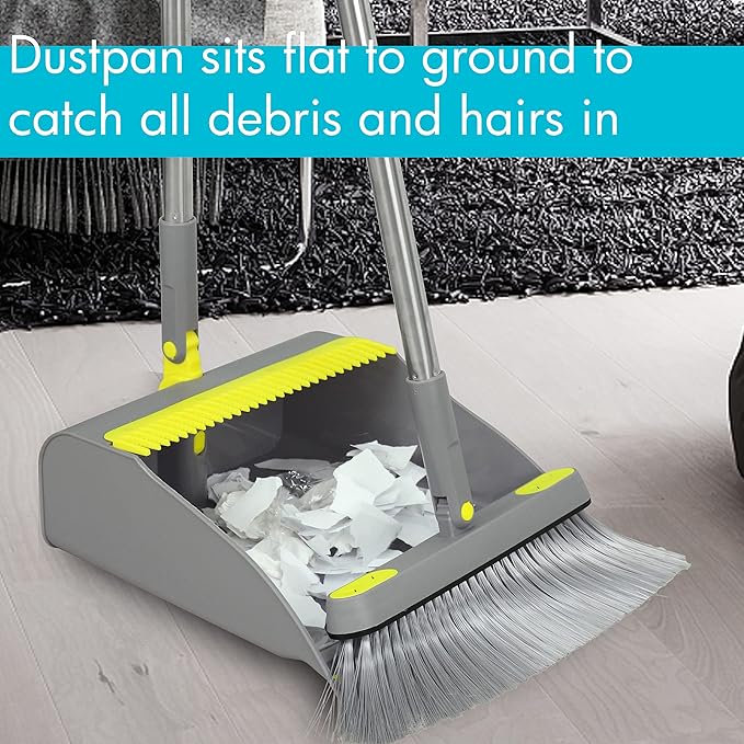 PHYEX 2-Pack Broom and Dustpan Combo Set, 48" Long Adjustable Handle Stand Up Dustpan with Self-Cleaning Teeth, Ideal for Home, Office, Kitchen, Indoor & Outdoor Use, Grey