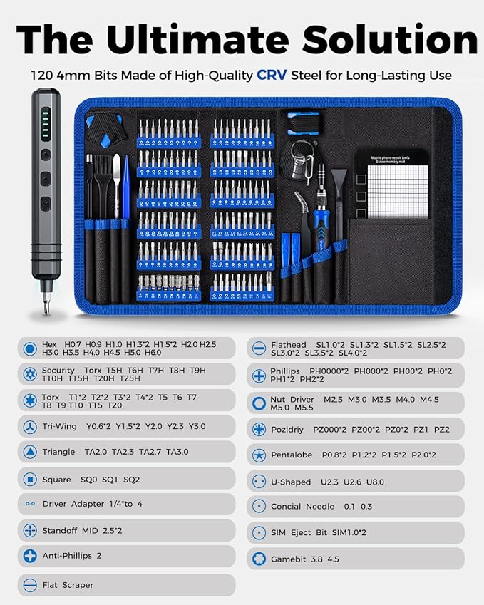Mini Electric Screwdriver Set 140-IN-1: UnaMela Small Electric Screwdriver Cordless - 120 Precision Bits, 5 Torque Settings, LED Light, Magnetic Power Screwdriver Repair Tool Kit for PC RC Electronics