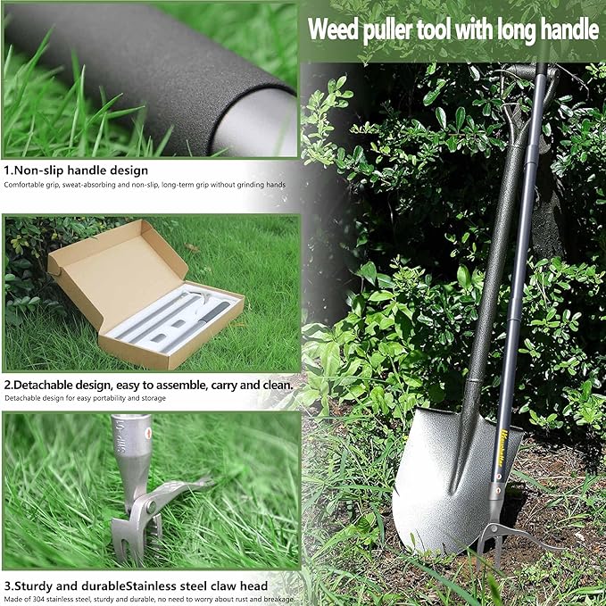 Weeder, 52" Long Metal Handle Weed Puller Tool with 4 Stainless Steel Claw, Weeding Tool for Lawn and Garden, Easily Remove Weeds Without Bending, Pulling, or Kneeling.