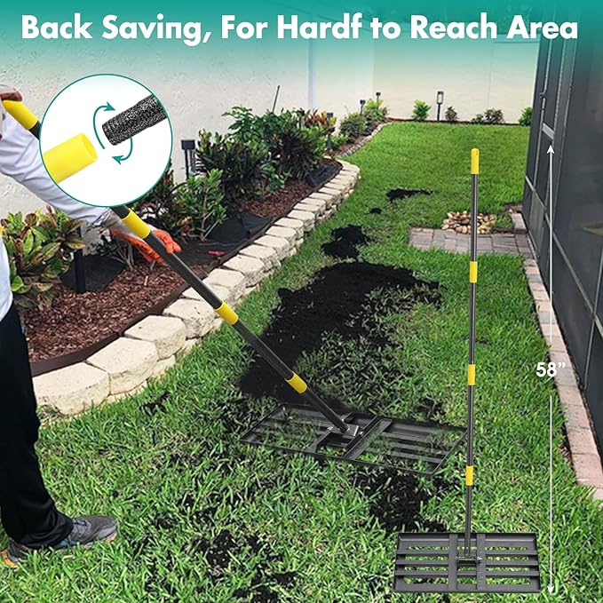 Lawn Leveling Rake,30x10 Inch Ground Plate,58 Inch Adjustable Long Handle Yard Level Tool with Curved Edge,Heavy Duty Large Landscaping Lawn Leveler for Grass, Golf Field, Soil Sand Dirt Spreader