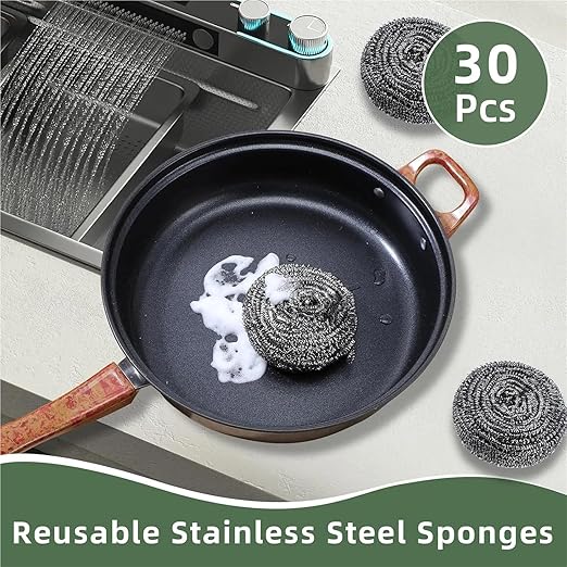 Steel Wool Scrubber Pad 30 Pcs Steel Wool Scrubber, Stainless Steel Scouring Pad, Metal Kitchen Scrubbing Sponges, Dishwashing Scouring Pads Heavy Duty for Cleaning Kitchen,Bathroom