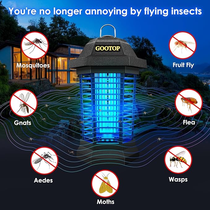 GOOTOP Bug Zapper Outdoor, Mosquito Zapper, 3 Prong Plug in Electric Fly Zapper, Mosquito Killer, Fly Traps, Flying Insects Zapper Indoor Outdoor 90-130V, 4200V, ABS Plastic Outer (Black)