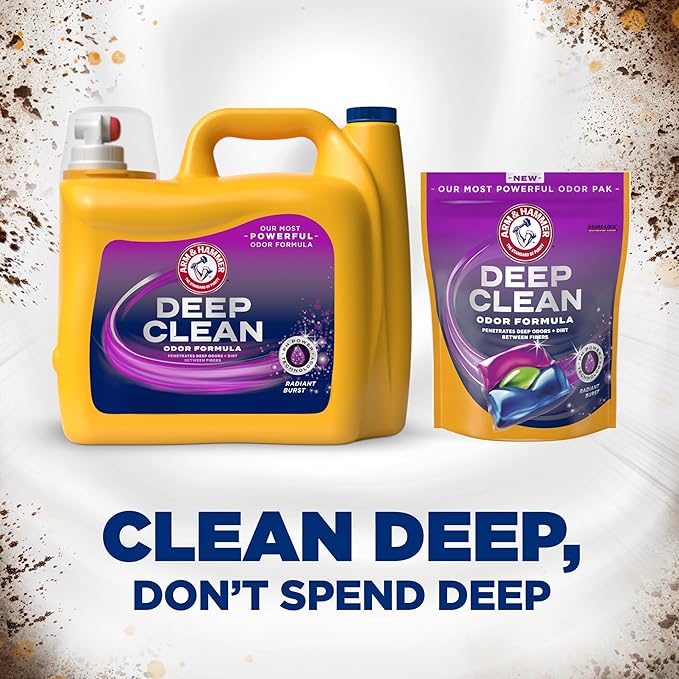ARM & HAMMER Deep Clean Odor Formula Liquid Laundry Detergent, Radiant Burst Scent, 150 Fl Oz, 100 Loads