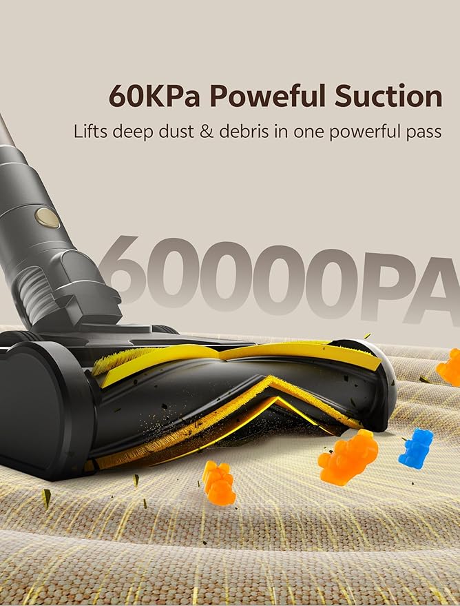 Ultenic Cordless Vacuum Cleaner, 600W 60KPA 65min Runtime, Stick Vacuum with Green Light, Self-Standing & 180° Lay-Flat, Anti-Tangled Brush, Vacuum Cleaners for Home/Hard Floor/Carpet/Pet Hair, U15