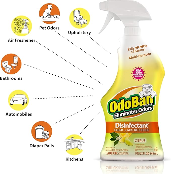 OdoBan Ready-to-Use Disinfectant and Odor Eliminator, Made in the USA, Citrus Scent, Set of 3, 2 Spray Bottles, 32 Ounces Each and 1 Gallon Concentrate