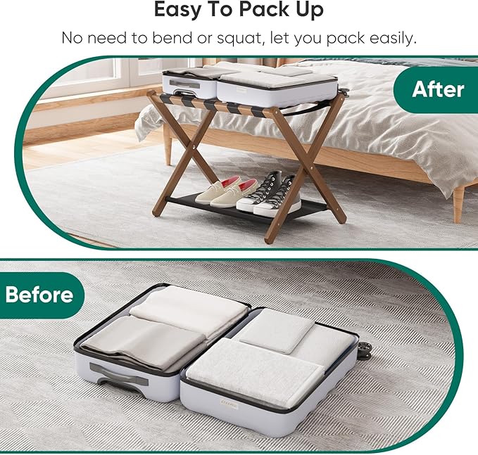 Smuxee Walnut Bamboo Luggage Rack Pack of 2, Foldable Suitcase Stand with Storage Shelf, Easily Assembled Luggage Stand with 5 Nylon-Straps for Guest Room Hotel Bedroom