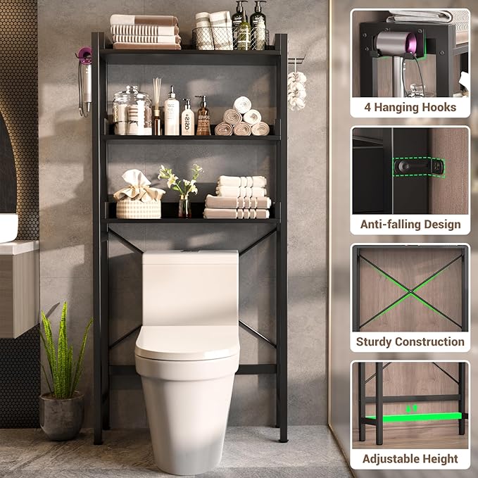 Besiost Over The Toilet Storage Rack - 3 Tier Bathroom Organizer with Shelves, Freestanding Space Saver Storage Rack Above Toilet Stand with 4 Hooks for Restroom, Laundry, Black