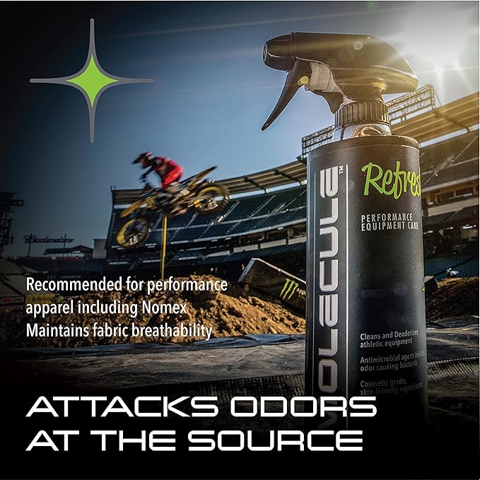 Molecule Refresh Spray | Performance Apparel Care | Cleans and Deodorizes Racing Suites & Technical Fabrics | Signature Fresh Scent | 4 Ounces