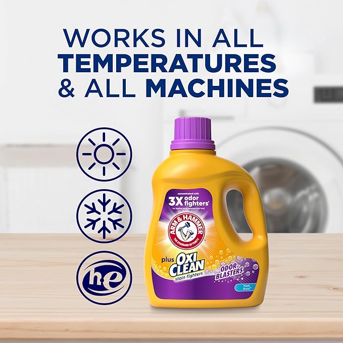 ARM & HAMMER Plus OxiClean with Odor Blasters Liquid Laundry Detergent, Laundry Odor Remover, Attacks Stains, Fresh Burst Scent, 74 Loads, 96.2 Fl Oz