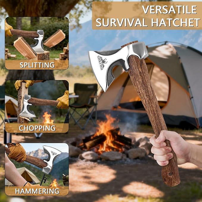 Camping Hatchet -Chopping Axe with Leather Sheath, 14.4" Forged Carbon Steel Wood Splitting Axe for Chopping Camping Survival