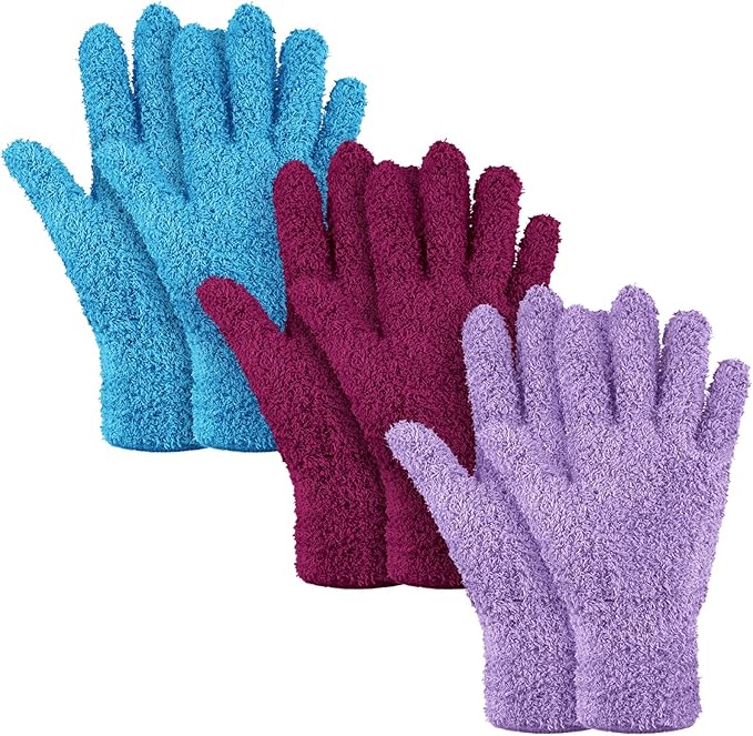 Patelai 3 Pairs Microfiber Plant Dusting Gloves Leaf Cleaning Gloves for Indoor Plants, Blinds, Furniture, House (Reddish Violet,Blue,Purple,Large)
