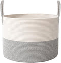 JMvicyroam 65L Extra Large Blanket Basket for Living Room - Woven Cotton Rope Laundry Hamper with Reinforced Handles - Storage Bin for Pillows, Comforters & Toys - Machine Washable,White&Grey