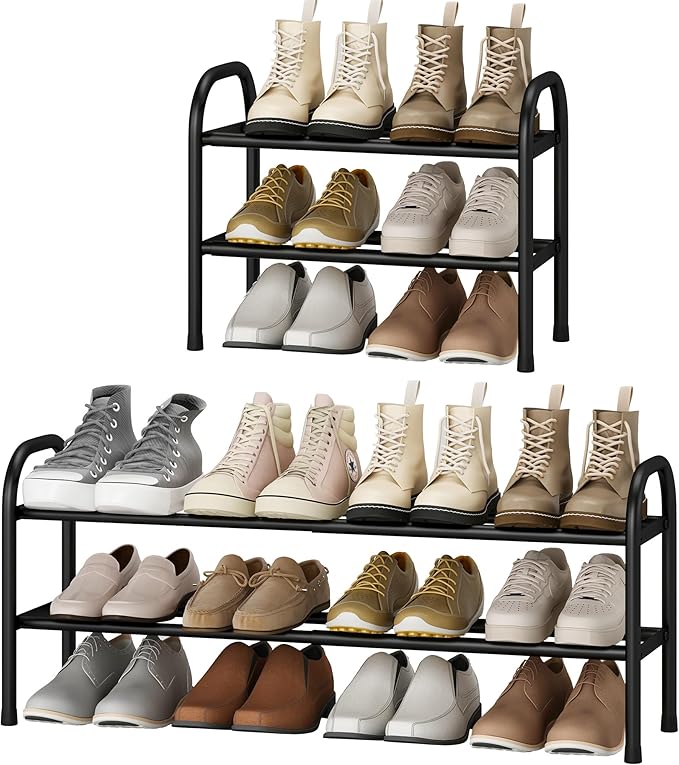 STO STO Expandable Shoe Rack, 2-Tier Metal Small Shoe Rack for Closet, Up to 12 Pairs Adjustable Shoe Rack Storage for Front Door Entrance, Free Standing Shoe Rack Organizer for Entryway, Black
