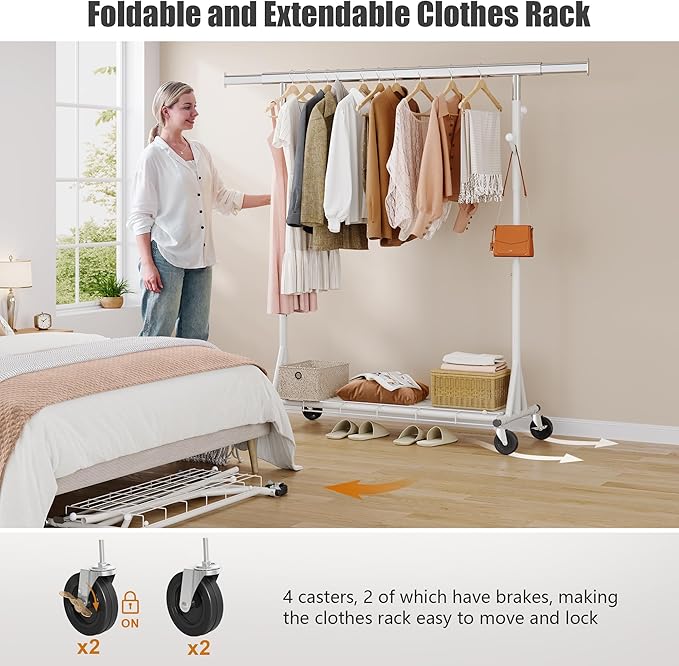Gewudraw Heavy Duty Clothes Rack, 530 lbs Load Capacity Metal Garment Rack on Wheels - Collapsible Adjustable Portable Storage with Hooks, White