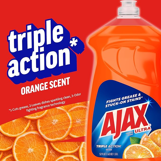 Ajax Ultra Liquid Dish Soap Orange Scent,Triple Action, Mess-Free, Easy-Flip Cap, 52 fl oz Bottle