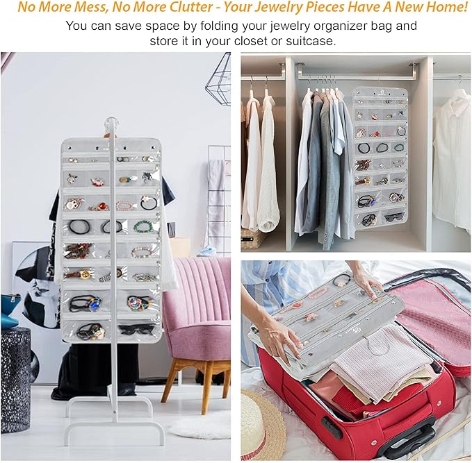 Hanging Jewelry Organizer with 50 Transparent Pockets, 360 Rotating Hanger & Secure Zipper Closure - Foldable Double Sided Jewelry Storage Bag for Earrings, Rings, Necklaces, Bracelets (Gray)