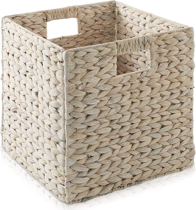 Casafield 12" x 12" Hyacinth Storage Baskets, Whitewash - Set of 4 Storage Organizers, Woven Wicker Cubes for Bathroom, Bedroom, Laundry, Shelves