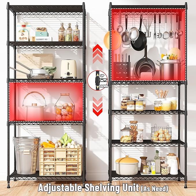 Romorgniz 5-Tier Shelf 1010LBS Storage Shelves Adjustable Wire Shelving Metal Shelving Unit Storage Rack for Kitchen Pantry Closet Laundry School Commercial 59.4" Hx21.5 W x13.6 D