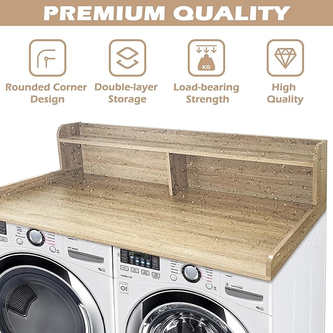Royxen Laundry Countertop with 2-Tier Shelf Universal Fit, Washer and Dryer Countertop with Storage Space, Shelf Height 11.5 Inches, Solid Wood Core, White Oak