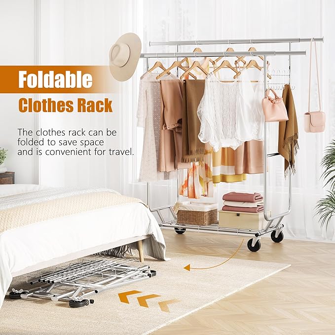Gewudraw Heavy Duty Clothes Rack Load 900 Lbs, Double Rod Rolling Clothing Rack With Sturdy Wheel And Shelves，Adjustable Portable Hanging Rack For Clothes,Silver Stainless Steel