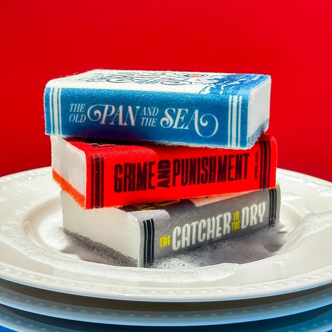 Genuine Fred Neat and Novel Chapter 2, Book Kitchen Sponges, Set of 3 Multi-Layer Sponges with Classic Book Cover Designs, Funny and Functional Gift for Book Lovers
