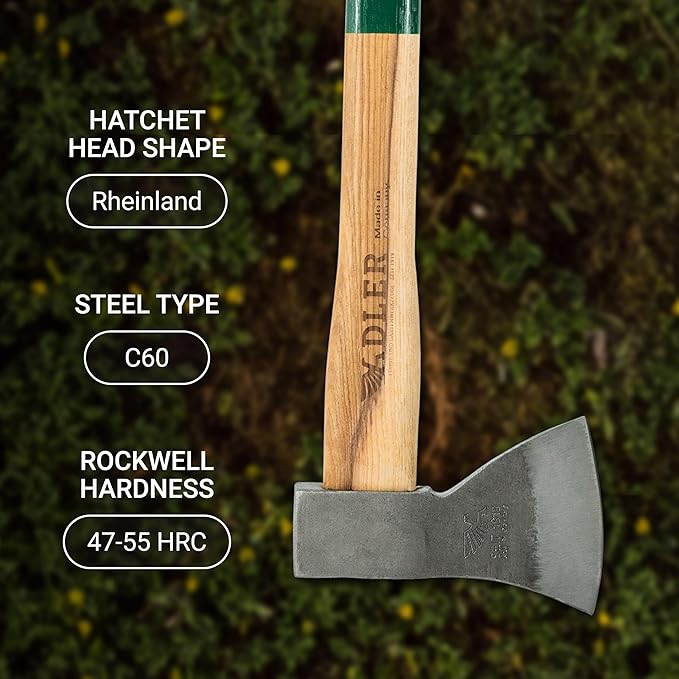 Adler Rheinland Throwing Hatchet - World Axe Throwing League Compliant (1.95lbs, 15.75" Hickory Handle) - German-Made Throwing Axe with Sheath (Green Stripe)