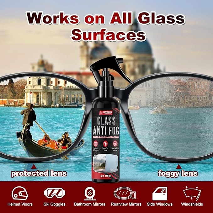 Anti Fog Spray for Glass & Windshield Defogger – 24H Long Lasting Prevention for Car, Mirrors, Windows, Goggles, Shower Door – Streak-Free & Instant Clear with Microfiber Towel, 120ml/4oz