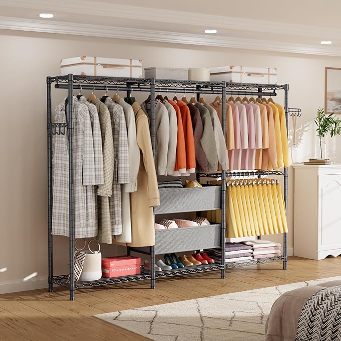 Golpart Coat Rack Clothes Wardrobe：Closet Organizer and Storage Clothing Garment Rack with Shelves Heavy Duty for Hanging Clothes Portable Adjustable Black 15.8" DX69 WX76.75 H