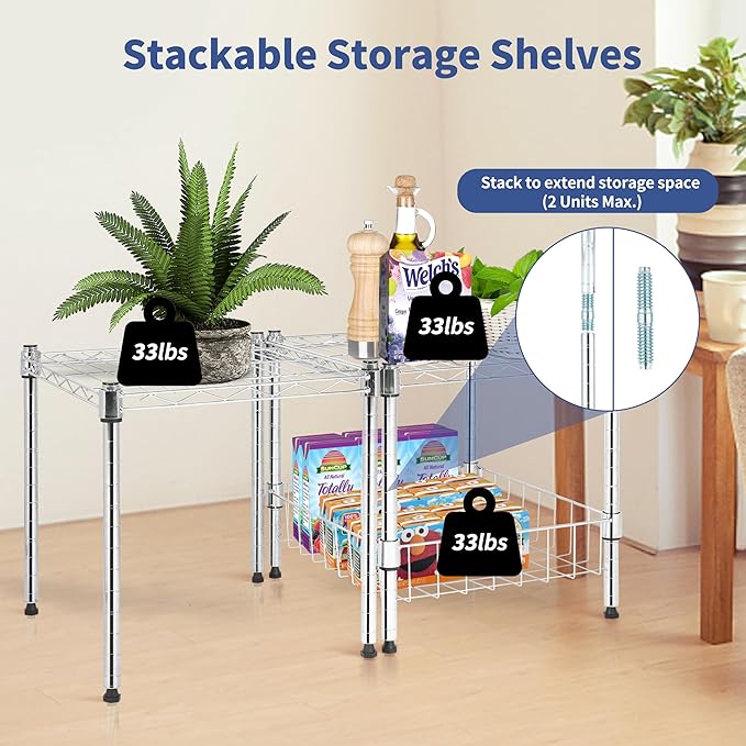 HealSmart 2-Tier Shelving Unit, 15" W x 13.8" D x 15" H Wire Metal Stackable Storage with Basket, Chrome