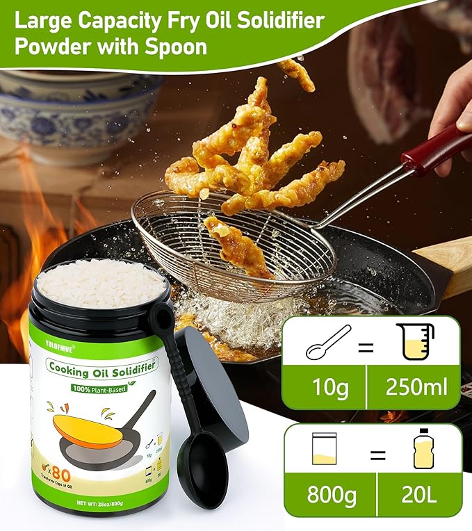Cooking Oil Solidifier Powder, Solidifies Up to 80 Cups from Mess, 100% Plant-Based Used Oil Solidifying Powder, Grease Hardener Disposal for Kitchen