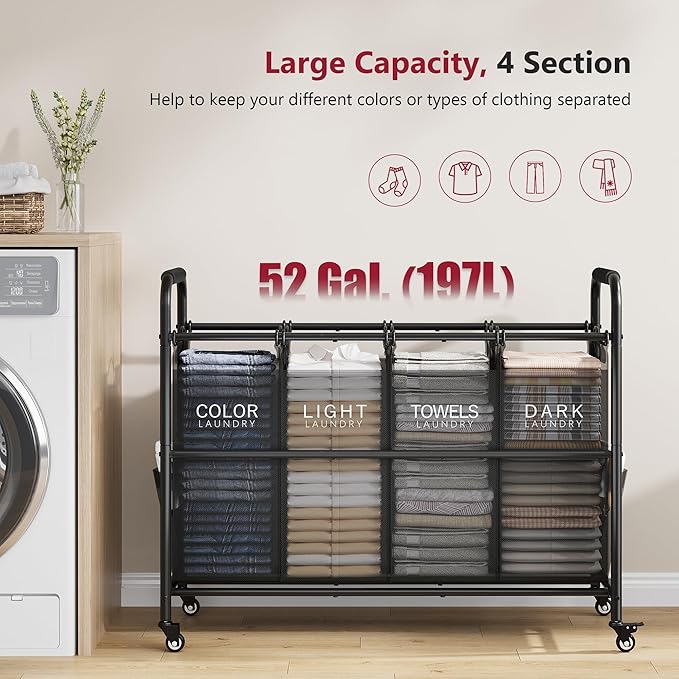 Tajsoon 4 Bag Laundry Sorter Cart, 4 Section Laundry Hamper Sorter with Heavy Duty Lockable Rolling Wheels, Laundry Separator Hamper with Removable Bags for Dirty Clothes Storage, Black