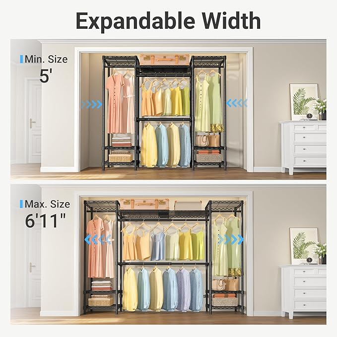 VIPEK X30 Expandable Clothes Rack Adjustable from 5' to 6'11", 950lbs Capacity Heavy Duty Portable Closet Wardrobe with 4 Hanger Rods & 7 Wire Shelves, Metal Closet System for Reach-in Closet, Black