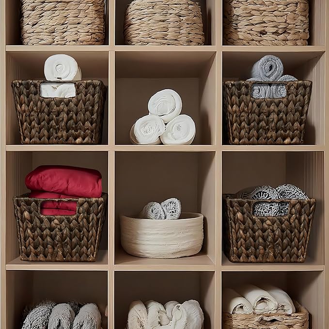 Casafield Set of 4 Water Hyacinth Storage Baskets with Handles - Espresso, Woven Rectangular Storage Bins for Shelves, Blankets, Laundry Organization