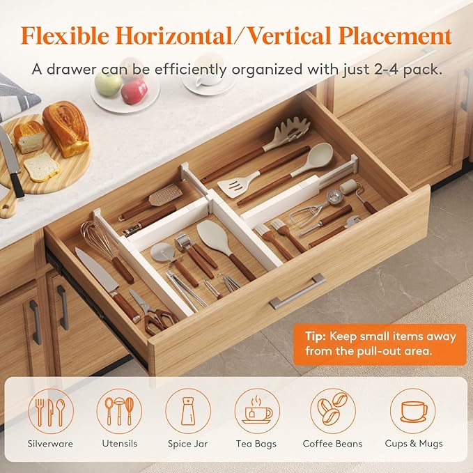 Lifewit 8 Pack 2.36" High Drawer Dividers 28-43.5cm/11-17" Adjustable Drawer Organizer for Clothes/Utensils, Expandable Drawer Separator in Dresser/Kitchen/Bedroom/Office Organization & Storage White
