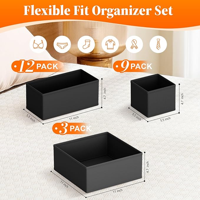 TasticTotes Drawer Organizer Clothes, 24 Pack Drawer Organizers and Underwear Organizer for Nursery, Dividers Clothes Organizer, Closet Organization and Foldable Storage Bins for Sock, Bra, Tie, Black