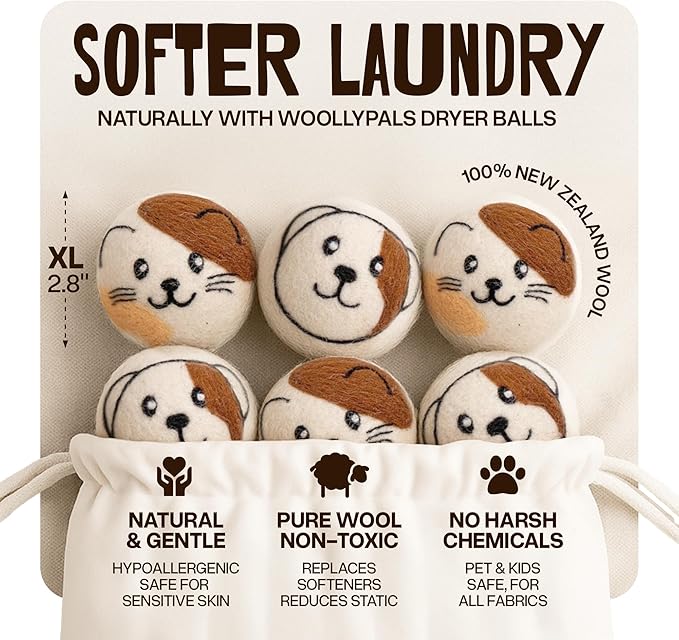 WoollyPals Wool Dryer Balls (6-Pack, XL Size)- 100% New Zealand Organic Wool - Sustainable & Eco-Friendly - Dry 1,000 Loads, Replaces Dryer Sheets, Reduces Static Cling, Reusable (Multi Colour)