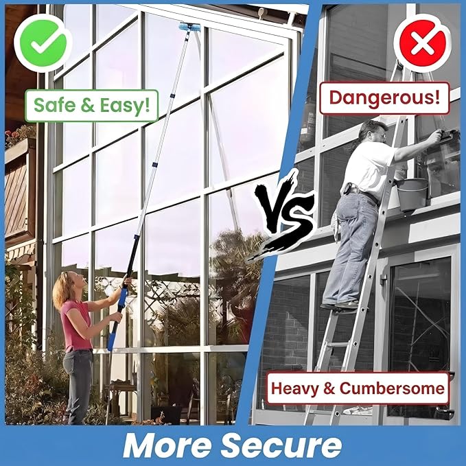 30ft High Ceiling Duster Kits with 5-24ft Heavy Duty Extension Pole - Fan Blade Cleaner, Cobweb Remover & Blue Window Squeegee Kit, Washable Dust Brush for High Roof and Glass Surfaces