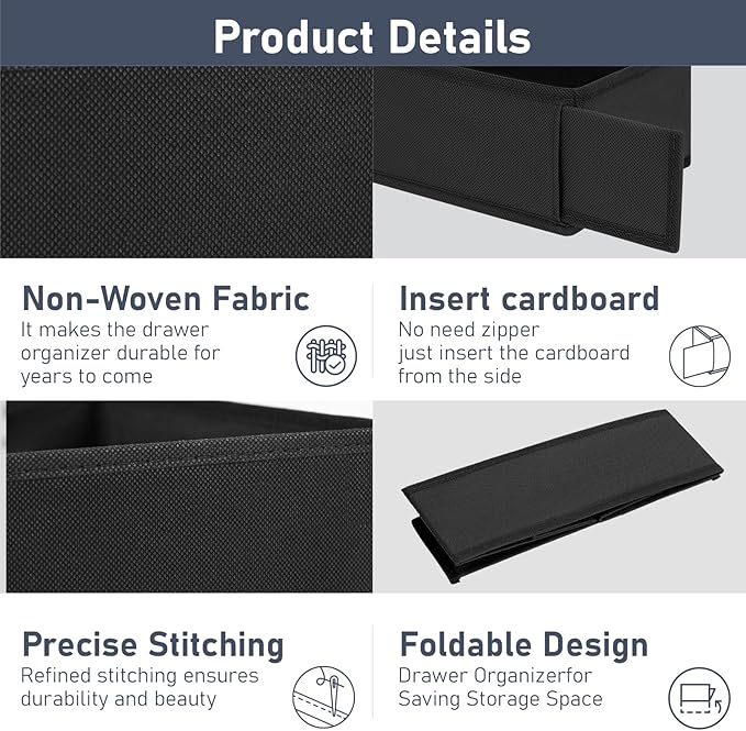DIMJ Drawer Organizer - Small Clothes Organizer Set of 3, Drawer Dividers for Baby Clothes, Underwear, Socks, Bra, Belt, Tie - Black