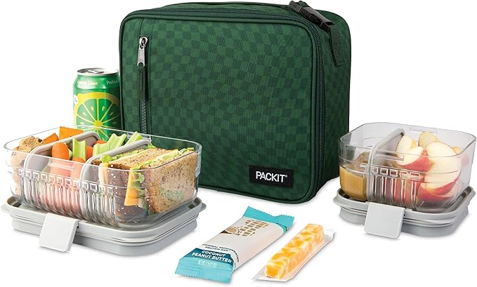 PackIt Freezable Classic Lunch Box, Checker Wave Olive, Built with EcoFreeze Technology, Collapsible, Reusable, Zip Closure With Zip Front Pocket and Buckle Handle, Designed for Fresh Lunch On the Go