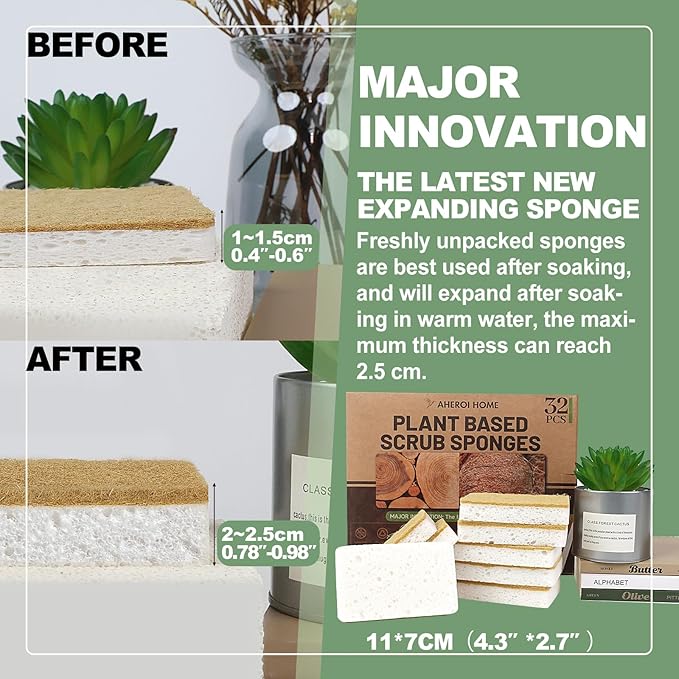 Aheroi Natural Dish Sponge, 32 Count FSC Certified Plant-Based Biodegradable Compostable Kitchen Sponges for Dishes Bulk, Organic Eco Friendly Cleaning Sponge for Bathroom, Household, Non Scratch