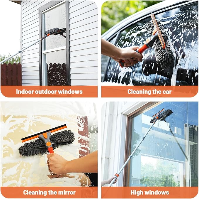 Eazer 65'' Squeegee Window Cleaner 2 in 1 Rotatable Window Cleaning Tool Kit with Telescopic Pole, Window Washing Equipment with Bendable Head for Indoor/Outdoor Window and Car Glass
